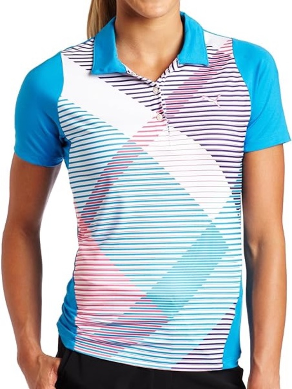 Puma Aqua Blue Striped Performance Polo with Pink Accent